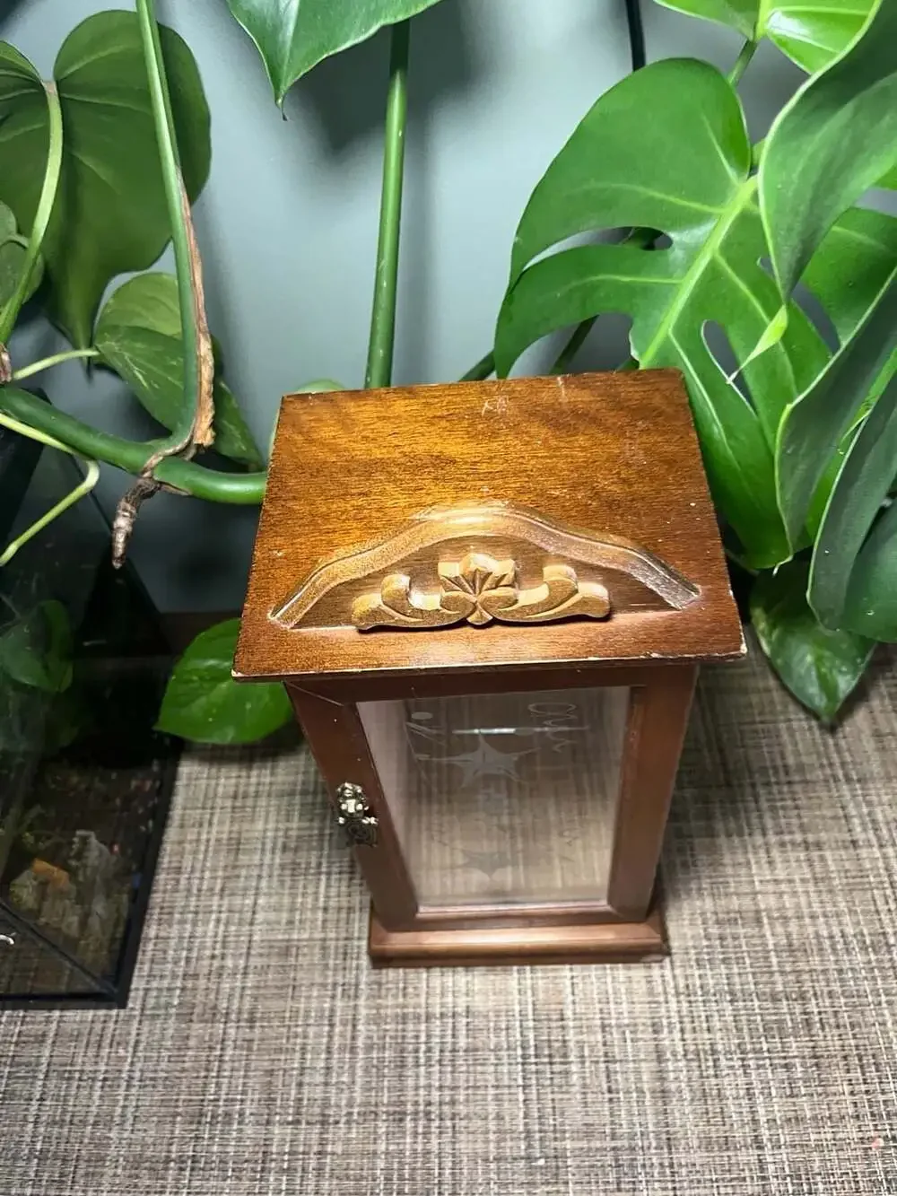 Vintage Wooden Jewelry Cabinet with Etched Glass Door